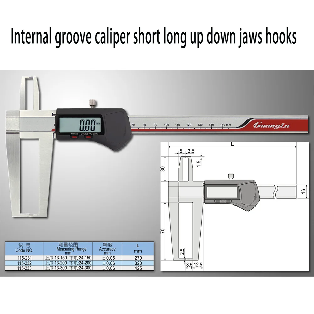 

Small hole Internal groove measure Digital vernier caliper deep small diameter long short up down jaws hooks dual-purpose