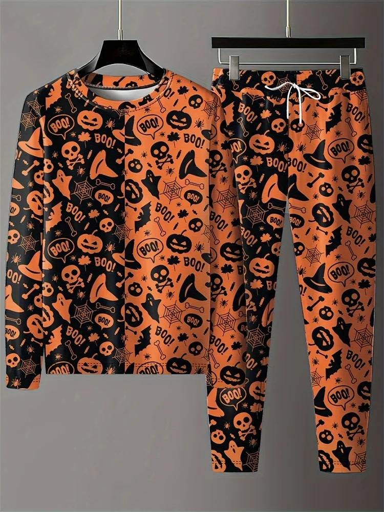 Two-piece 3D Skull And Pumpkin Head Print Men\'s Long Sleeve T-shirt And Pant Sets Fall Everyday Casual Men\'s Halloween Costume