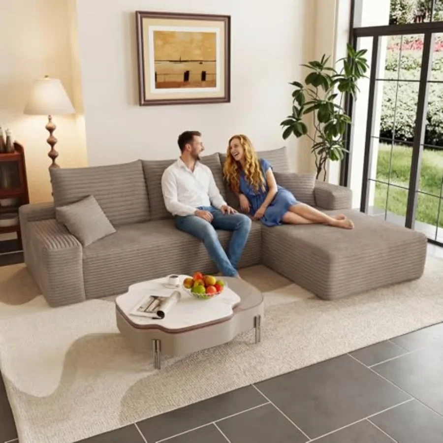 Living room bedroom use, corduroy fabric, beige, ultra-deep seat comfort with no-assembly L-shape cloud sectional sleeper couch
