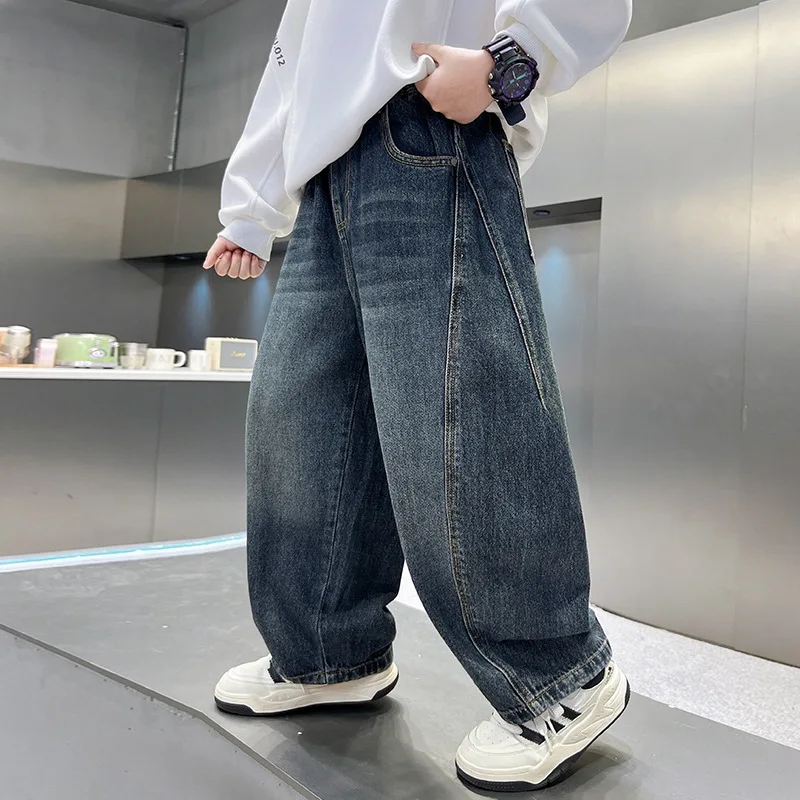 Korean Style Loose Casual Baggy Jeans Pants for Teenager Boys Cool Distressed Denim Trousers For Kids Age 5 To 14 Years