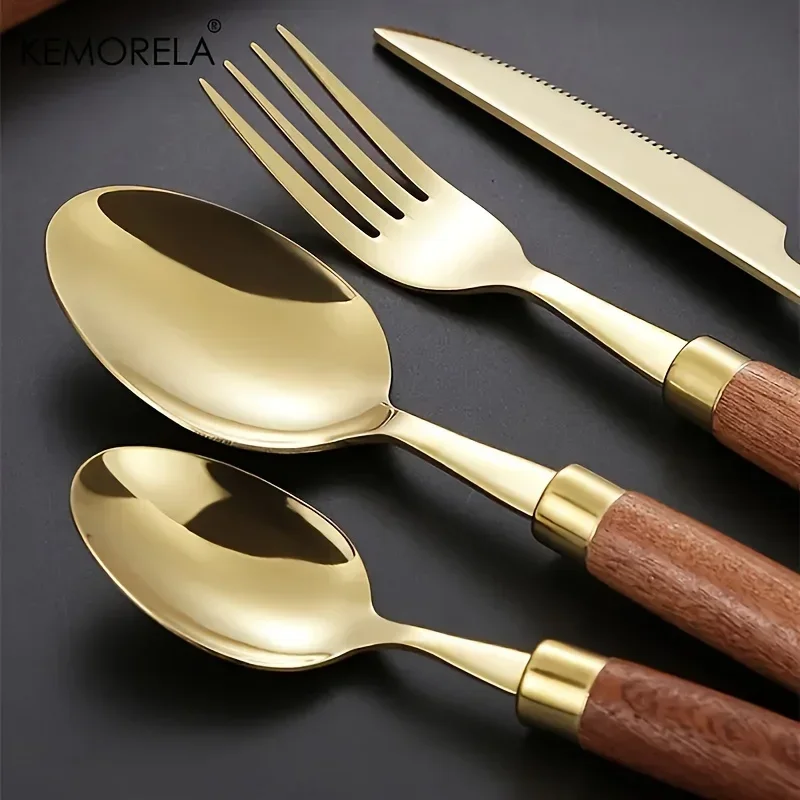 24PCS Stainless Steel Tableware Set With Wooden Handles Korean Style Suitable For Cutting Steak Cake Desserts Dishwasher Safe