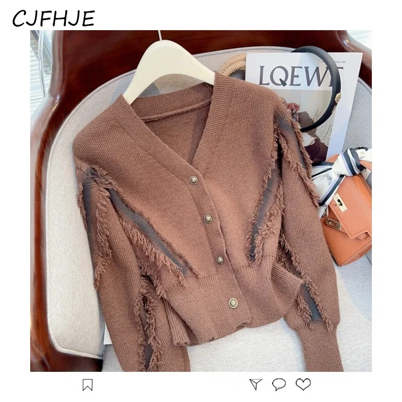 CJFHJE V-Neck Metal Button Knitted Women Commuter Fashion Tassel Bottom Cardigan Sweater Coat Casual Solid Color Women\'s Sweater