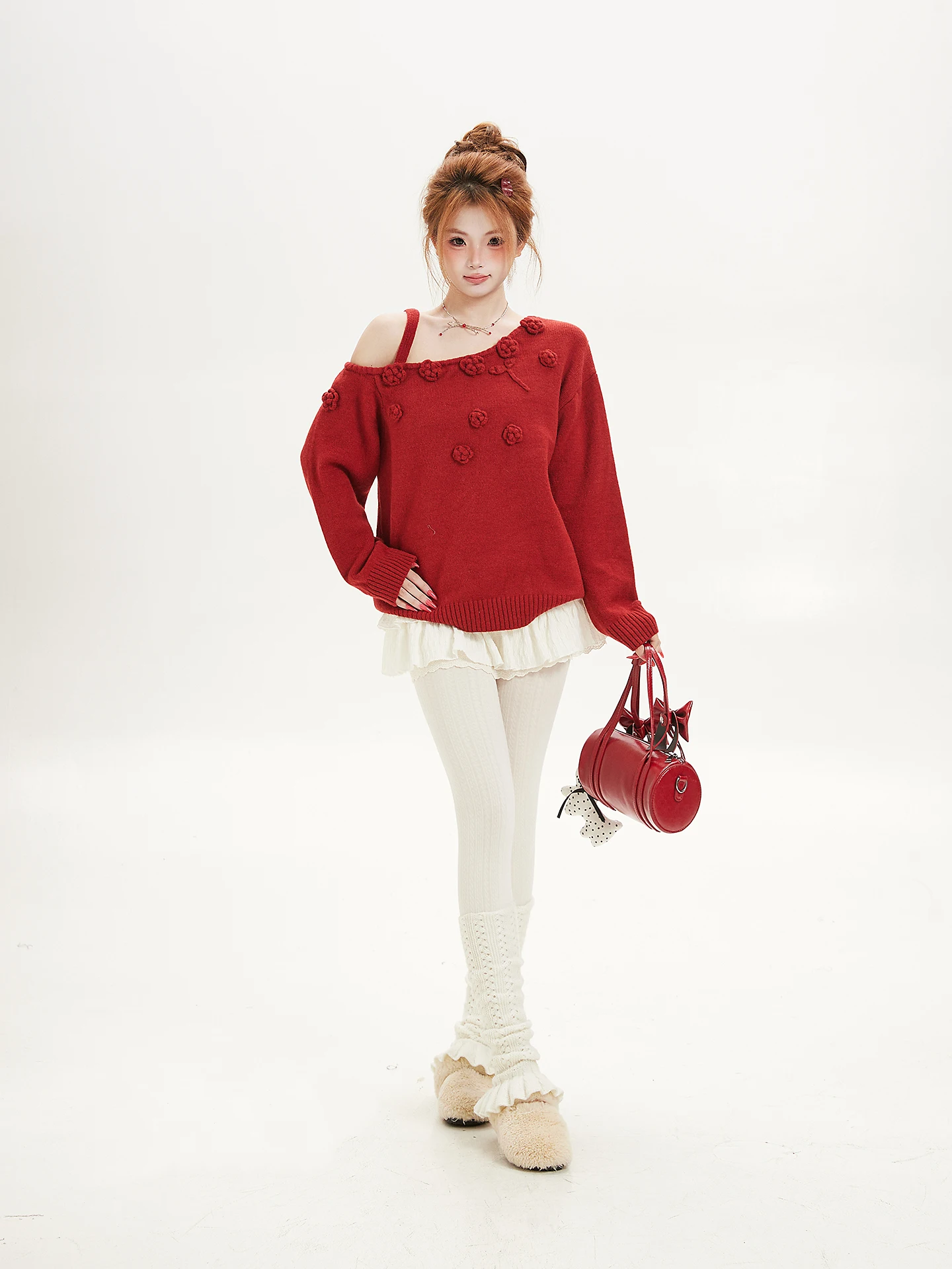 Sweet Girl Style Sweater Ant Design Shoulder off Shoulder Knitted Red Flower 3D Spring Autumn Winter Women's Loose Fit Long S...