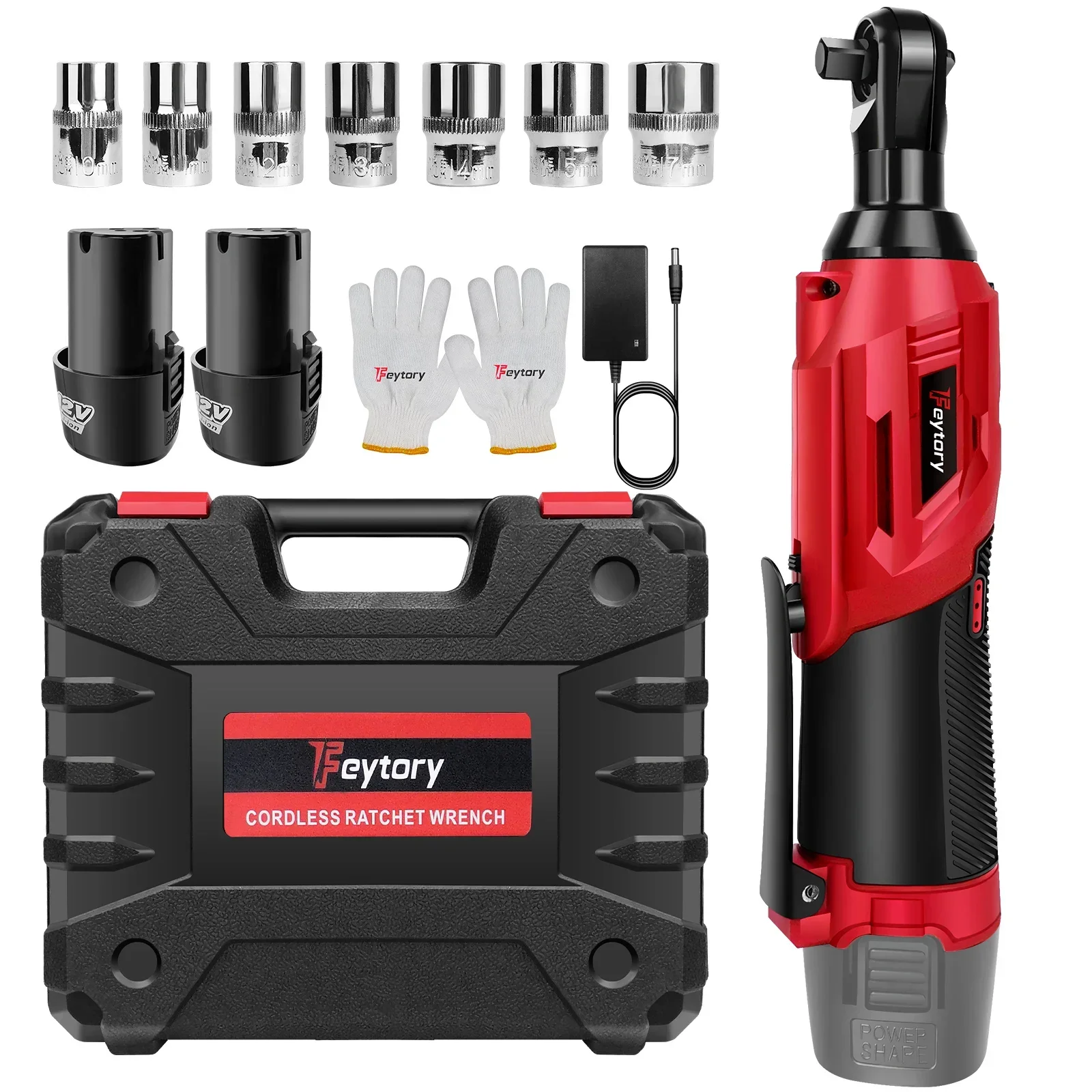 Feytory 200Nm Cordless Ratchet Wrench Set 90° with 2 x 1500mAh Lithium-Ion Batteries, 3/8'' Angle Wrench with 7pcs Sockets Set