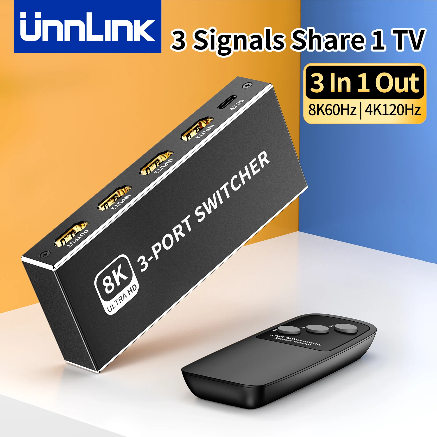 Unnlink 8K 60Hz HDMI Switcher 4K120Hz HDMI Switch 3 in 1 Out with Remote Control For Xbox PS5 Switch 2 TV Box to TV Monitor