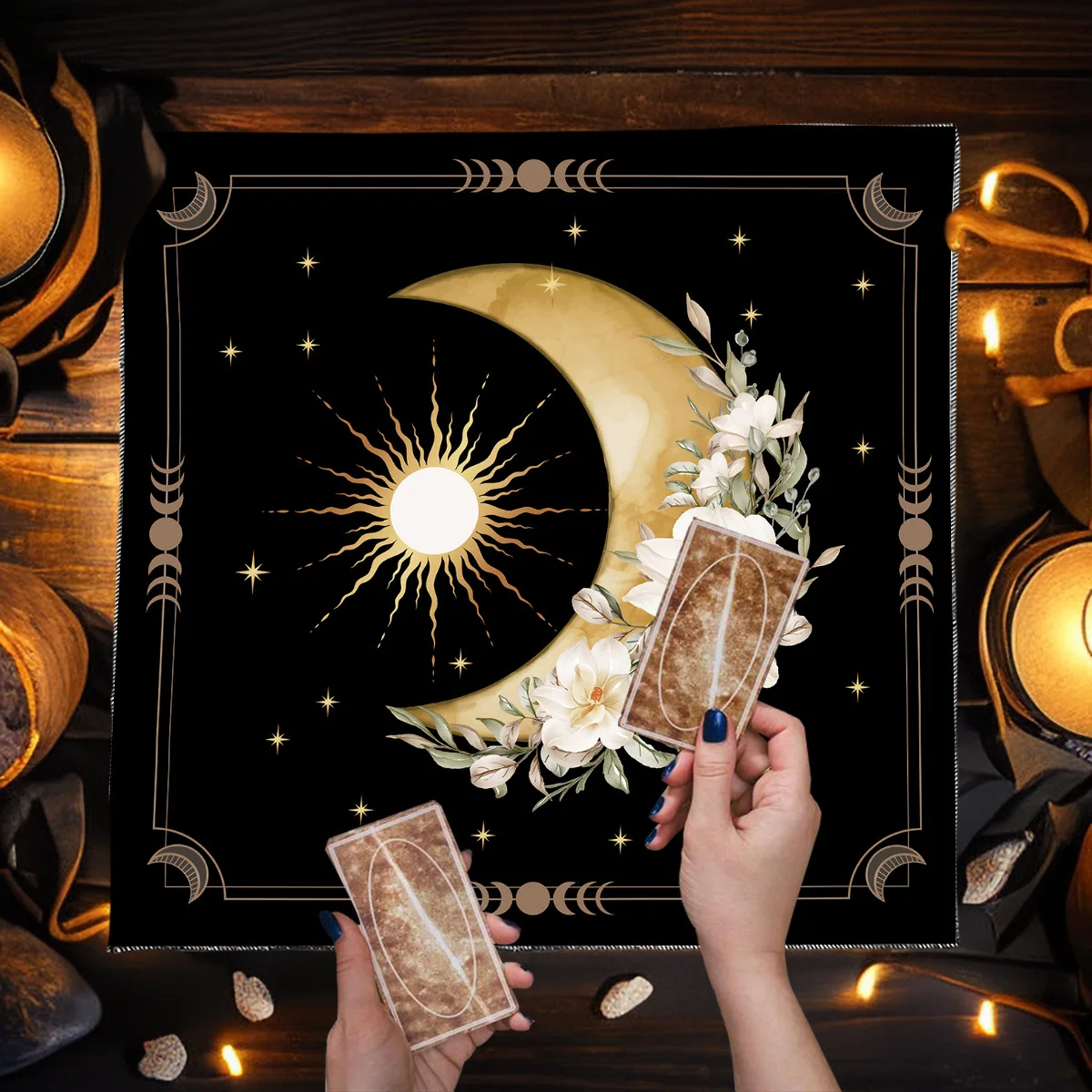 

Divination Tablecloth Moon & Sun Phase Pattern Black Gold Celestial Witchcraft Altar Cloth Tarot Reading Mat with White Floral
