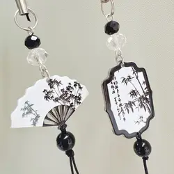 New Chinese Calligraphy Fan Shape Pendant Mobile Phone Strap Anti-Lost Hanging Cord Beaded Keychain Phone Accessories