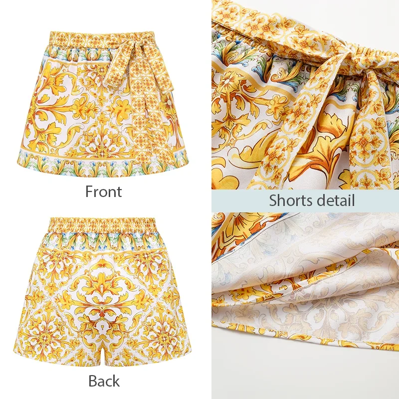 Flachs maker Rüschen V-Ausschnitt Golden Majolika Print einteiligen Badeanzug und Shorts Frauen Beach wear Luxus Badeanzug