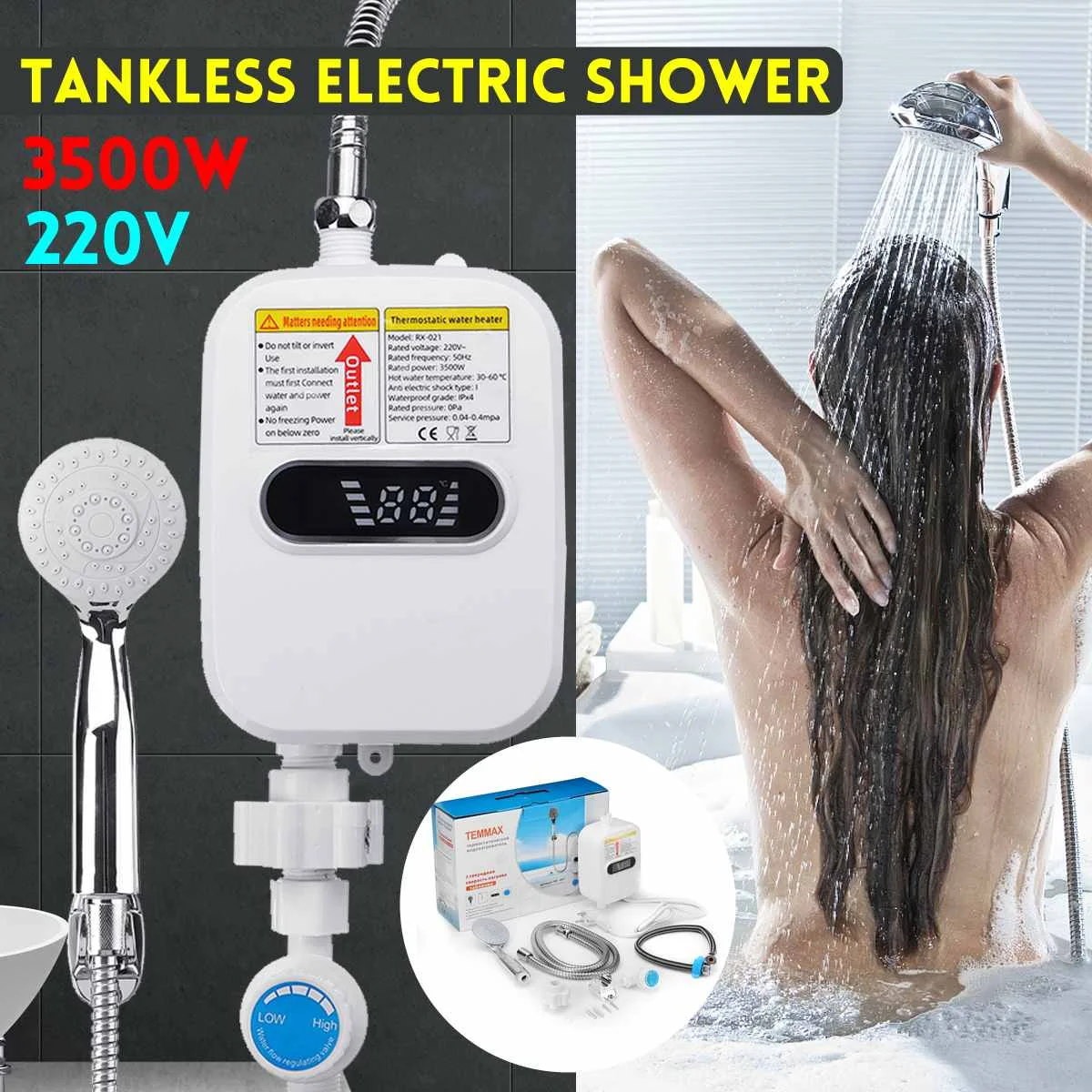 3500W Mini Instant Electric Water Heater Bathroom Kitchen Tankless Hot Water Heater Tap Temperature Display Faucet Shower Set