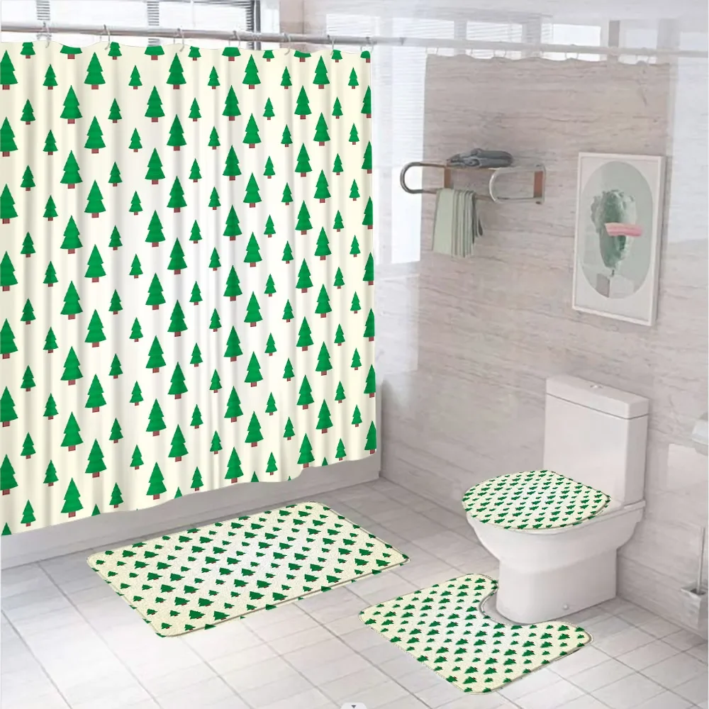 Christmas Tree Bathroom Set Shower Curtain Rug Accessories Geometric Forest Abstract Snowflake Winter Bath Mat Toilet Lid Cover