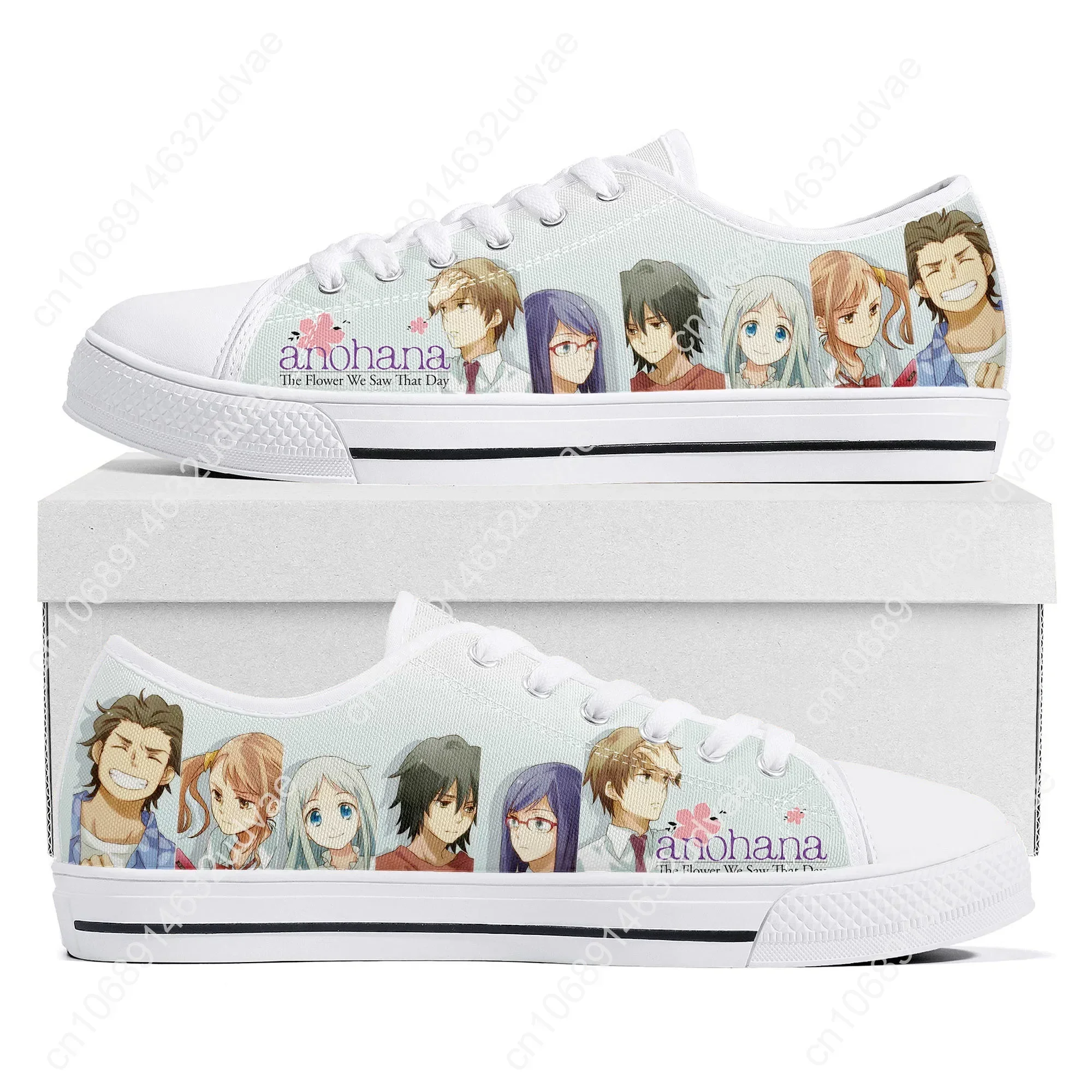 Anohana รองเท้าผ้าใบข้อต่ำลายดอกไม้ที่เราเห็นในวันนั้นผู้ชายผู้หญิงวัยรุ่นรองเท้าผ้าใบคุณภาพสูงรองเท้าคู่แบบสั่งทำ