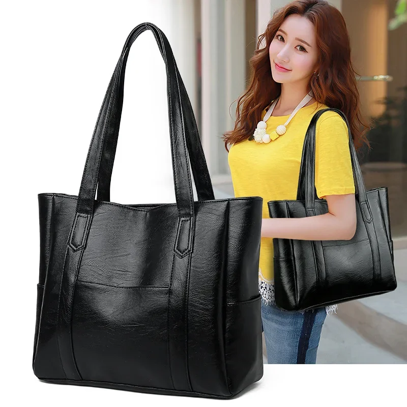 TRAVEASY 2024 Casual PU Leather Large Capacity Top Hand Bags for Women Fashion Zipper Solid Color Vintage Ladies Tote Bag