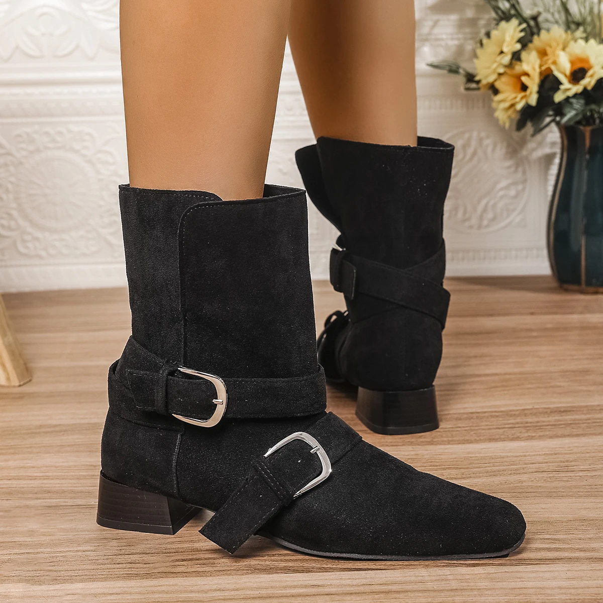 Pointed Toe Chunky Woman Ankle Boots Suede Fashion Designer Walking Shoes Women 2025 Trend Winter Eleglant Dress Mujer Zapatos