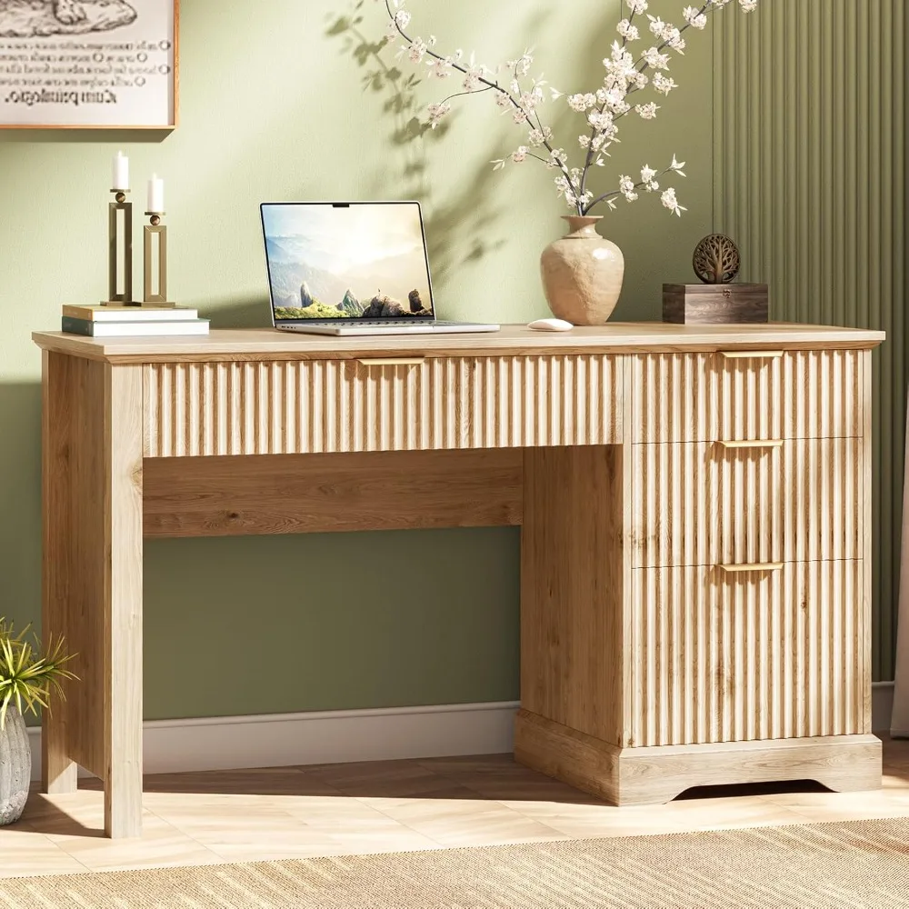 

Slotted administrative desk with drawers, wooden computer desk with wide open file drawers, home desk with study storage space