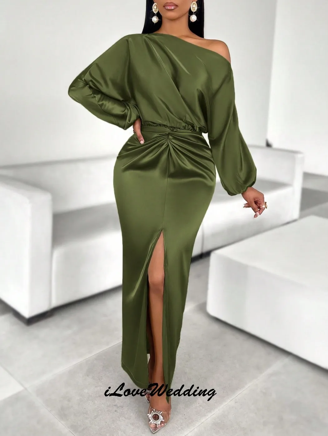 أحمر قبالة الكتف فساتين لحضور الحفلات الموسيقية 2025 كم طويل من الساتان فستان سهرة حورية البحر مطوي فساتين رسمية للنساء فستان الحفلات حسب الطلب #2