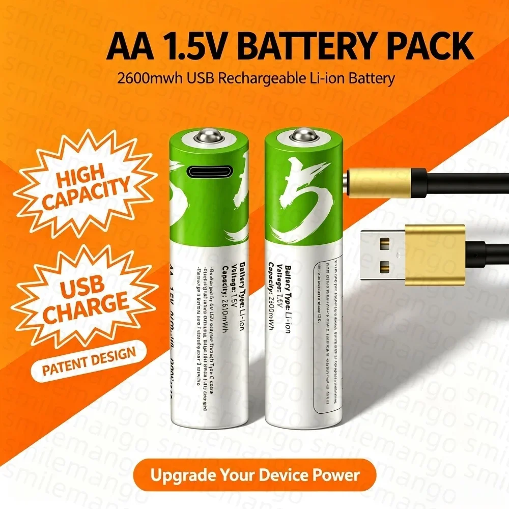 AA 2600mWh USB Rechargeable Li-ion Battery High Capacity for Remote Control Wireless Mouse Small Fan Electric Toys + Cable