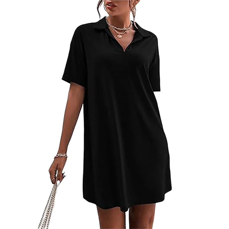 فستان نسائي صيفي برقبة على شكل حرف V صيفي بأكمام قصيرة وفضفاض غير رسمي بياقة تي شيرت
