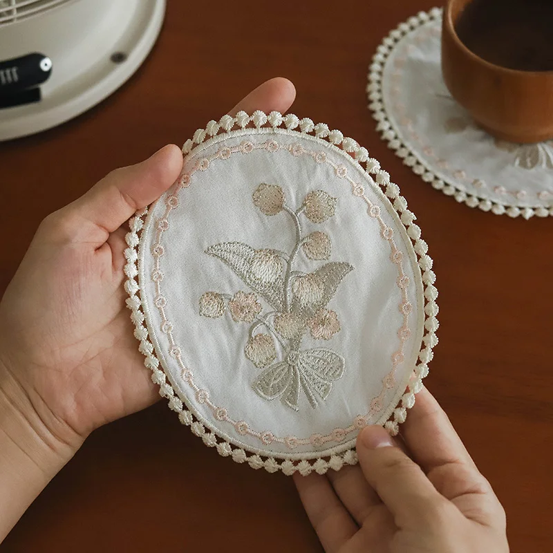 4PCS Lily of The Valley Lace Coaster Tulip French Retro Embroidered Vase Pad Small Handkerchief