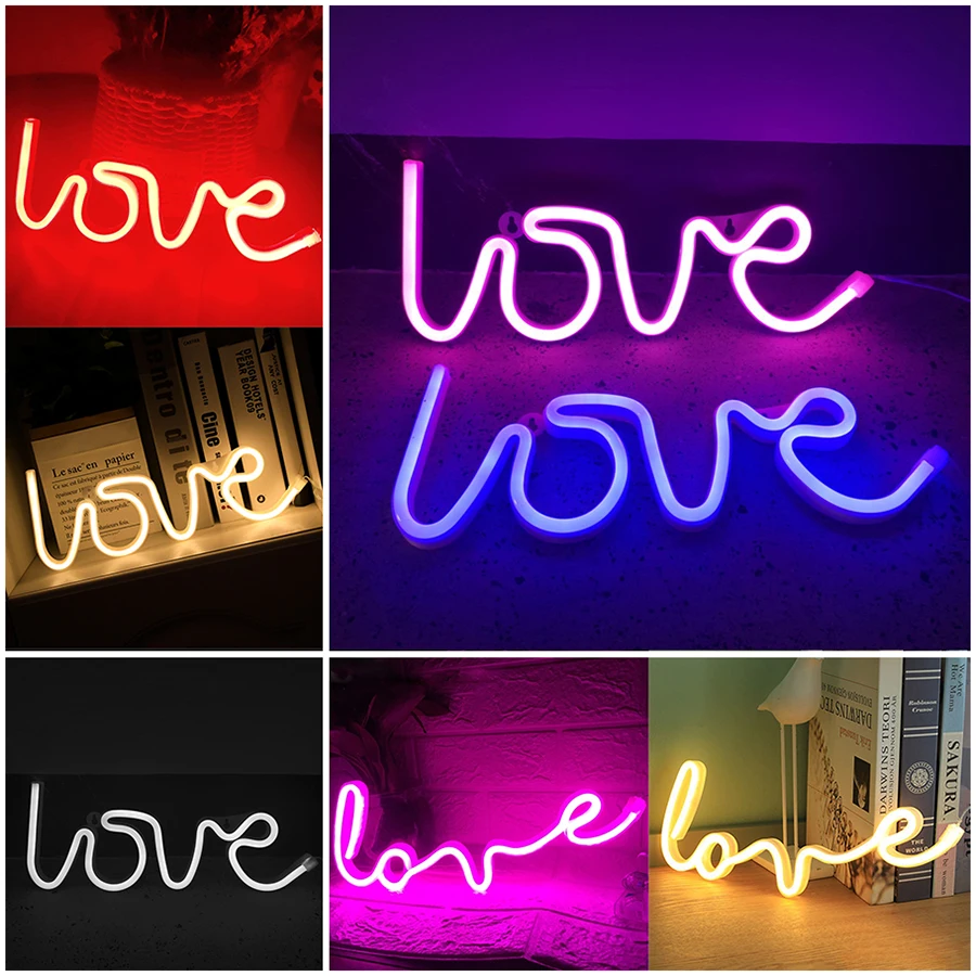 LED Neon Lights Love Shape Night Light Sign Lamp Battery USB Double Powered Nightlight for Indoor Christmas Wedding Birthday