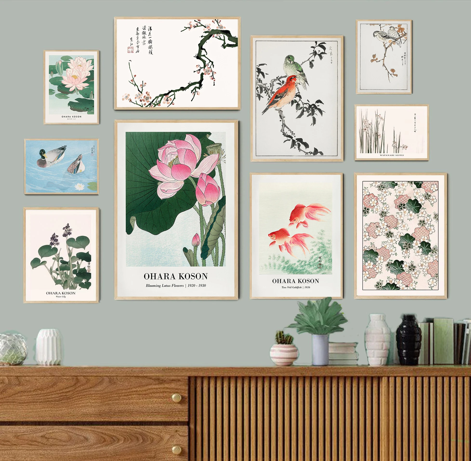 Obra de arte de galería japonesa Vintage, póster clásico de loto de Pato Mandarín, pinturas en lienzo, imágenes artísticas de pared, decoración del hogar