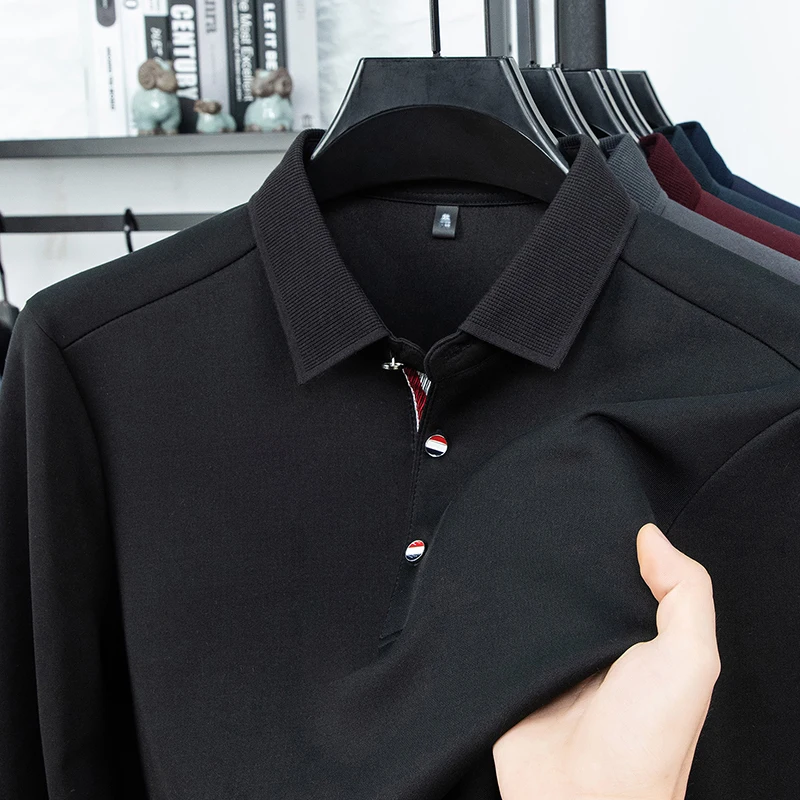 فاخر جديد قميص بولو رجالي كم طويل التلبيب بلون ربيع الخريف الأعمال مكتب عادية كلاسيكي موضة تي شيرت الرجالية #2
