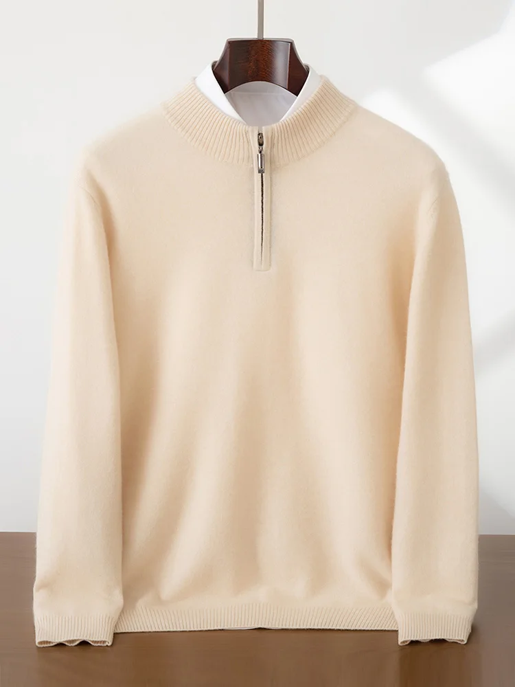 High Quality Men 100% Cashmere Sweater Mock Neck Zippers Pullover Autumn Winter Smart Casual Cashmere Knitwear Soft Warm Clothes