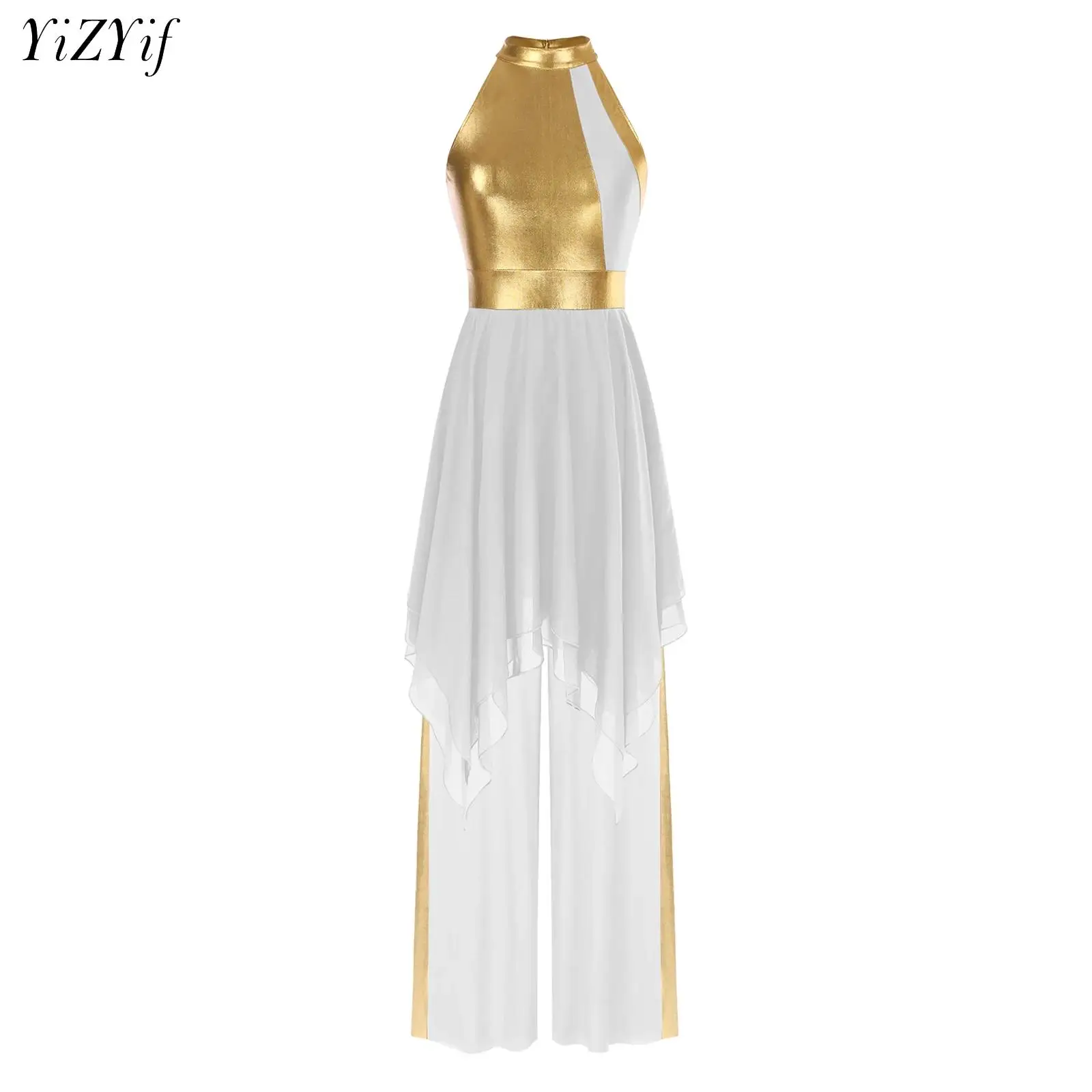 

Women Color Block Modern Lyrical Dance Costume Sleeveless Dress with Loose Pants Set Waltz Ballroom Dance Competition Outfits