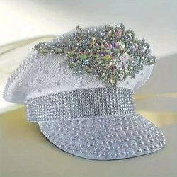 Dazzling Color Rhinestone Crown Pearl Festival Captain Hat Masquerade Handmade Unisex Wedding Military Cap Music Festival Cap
