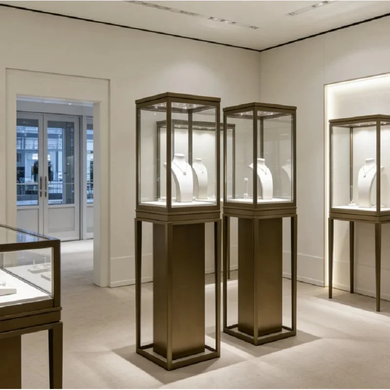 custom.Modern Freestanding Tempered Glass Jewelry Display Showcase Bronze Trim LED Lighting Luxury Retail (Customizable Dime