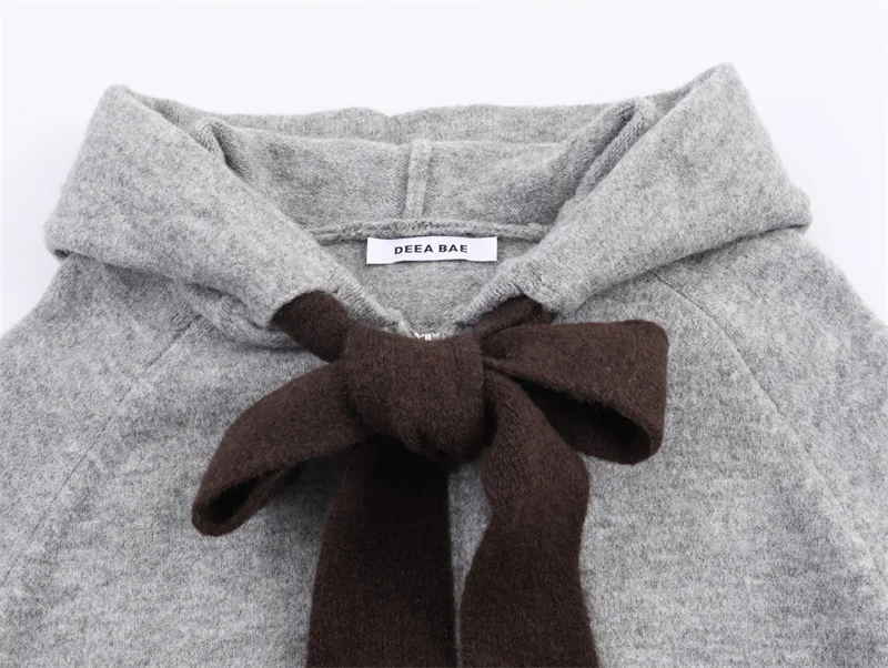 سترة نسائية 2025 خريف نمط جديد رمادي طويل الأكمام محبوك هوديي مع القوس الديكور موضة عادية متعددة الاستخدامات