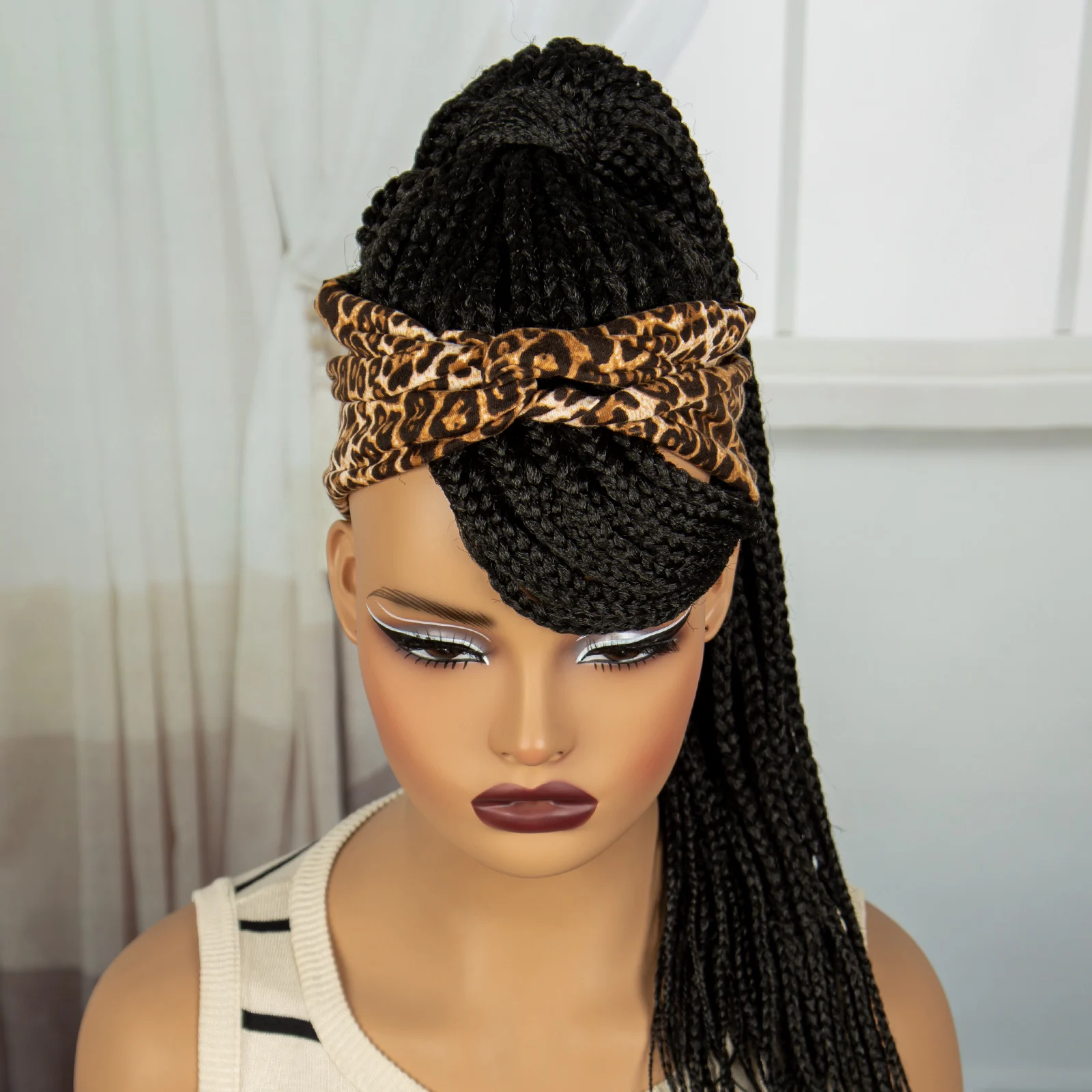 Synthetic Ponytail Headband Braided Wig with Bangs for Black Women Machine Made Cornrow Wigs Knotless Box Braiding Hair Wig