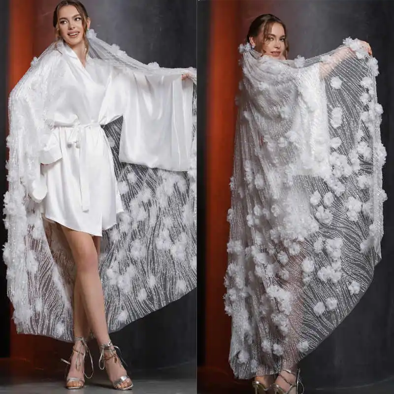 

Luxury Bridal Veils 3M Cathedral One Layer Pearls Sequin 3D Appliques With Comb Wedding Accessories velos de novia Customized