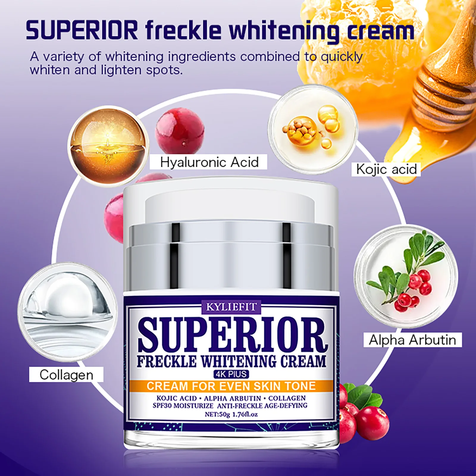 KYLIEFIT Superior Freckle Whitening Cream, Even Skin Tone, With Collagen, Kojic Acid, Spf30, Dark Spots Corrector Face Cream