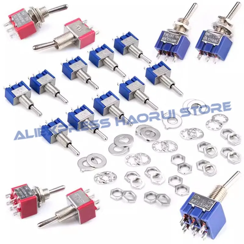 10Pcs Miniature Lever Toggle Switch Single Pole Double Throw ON-OFF-ON /ON-ON 120VAC 6A 1/4 Inch Mounting MTS-102 103 202 203