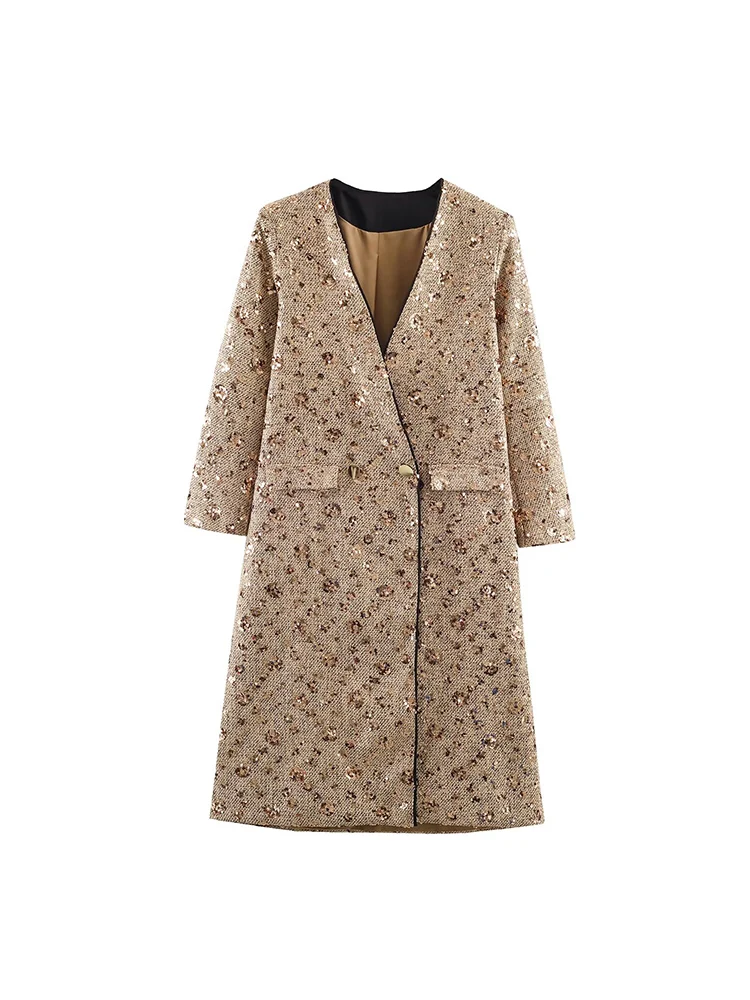 

New European-style women's fashion coat, versatile and elegant, featuring sequin embellishments and a textured fabric.