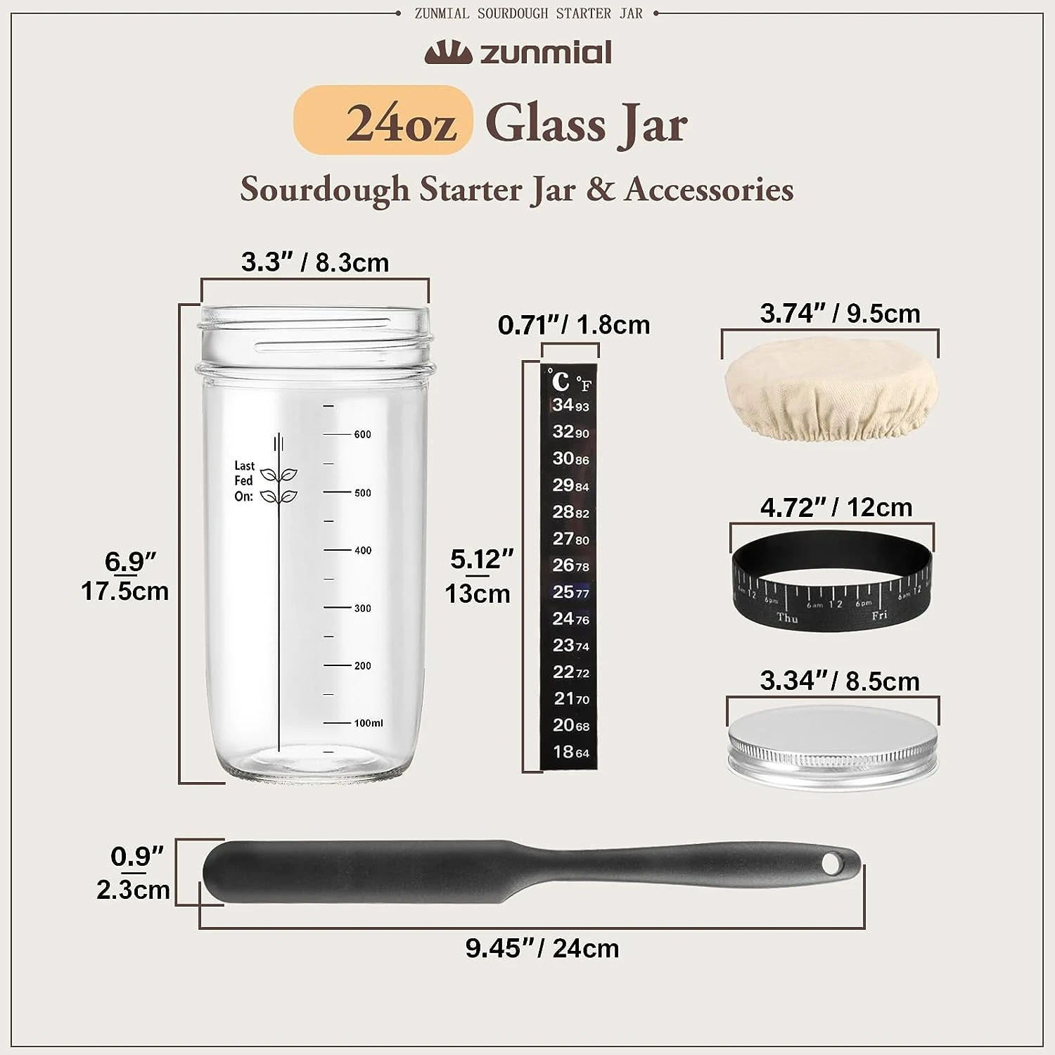 Ideal Premium Reusable Sourdough Bread Baking Supplies Kit with Date Marked Feeding Band, Thermometer, Cloth Cover and Metal Lid