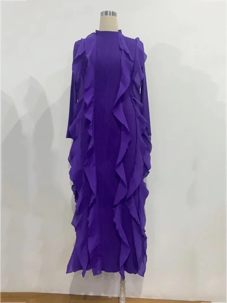 GGHK Miyake High Quality Fashionable and Elegant Dresses New Round Neck Full Sleeves Splicing Ruffles Evening Party Dresses
