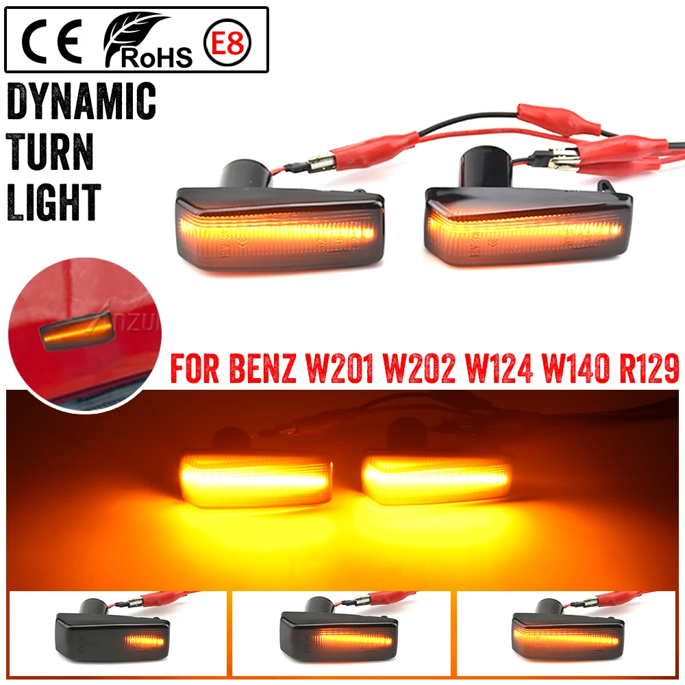 2Pcs Dynamic Amber LED Side Marker Light Blinker Turn Signal Lamps For Mercedes Benz C E S SL CLASS W201 190 W202 W124 W140 R129