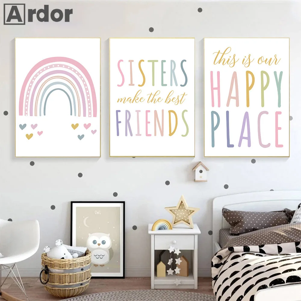 Sisters Quotes Art Painting Rainbow Canvas Poster Friends Print Pictures Nursery Posters Nordic Wall Art Baby Girls Room Decor