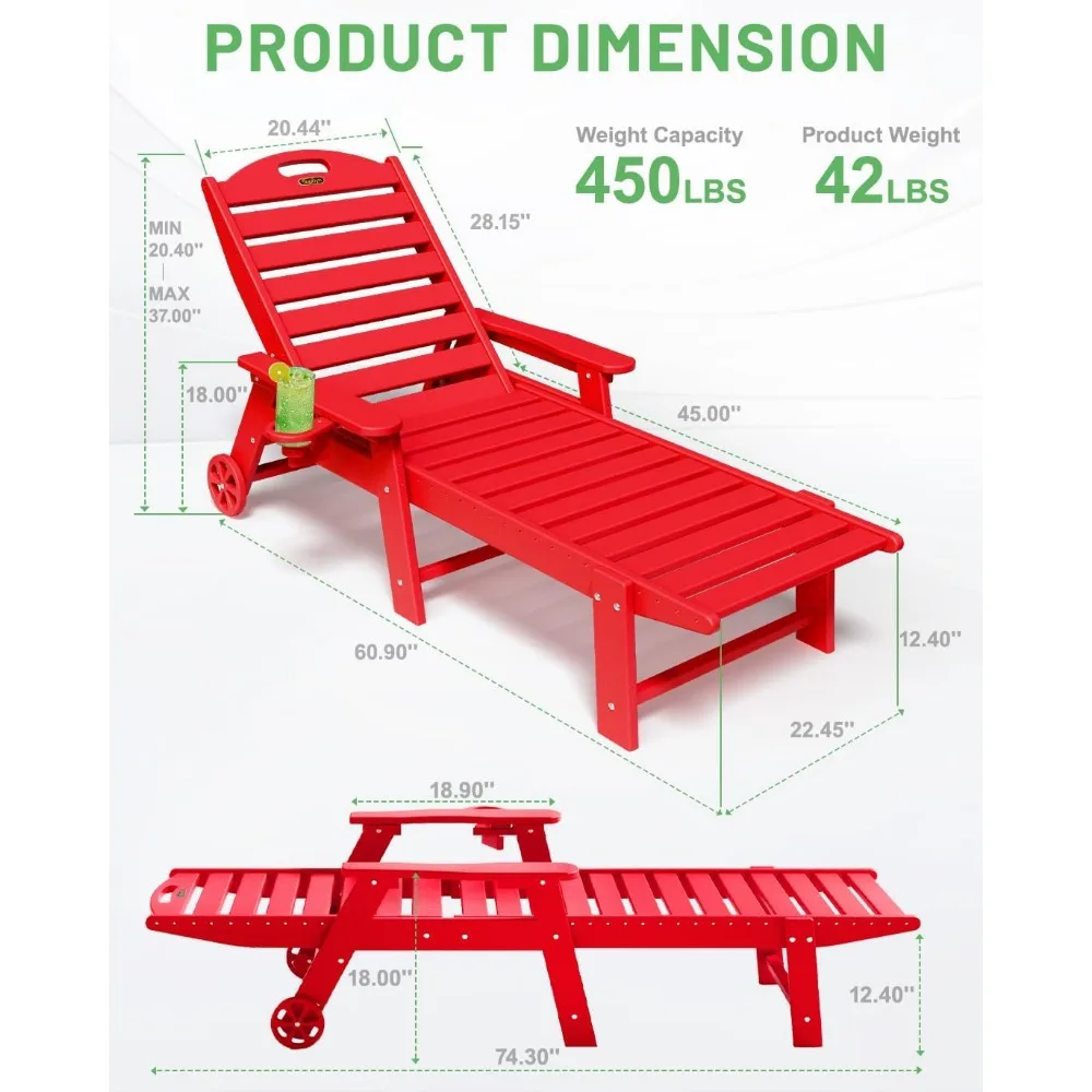 مجموعة كراسي صالة خارجية مكونة من 2، كرسي صالة قابل للتعديل بـ 6 أوضاع مع عجلات، كرسي صالة مع حامل أكواب لحمام السباحة #3