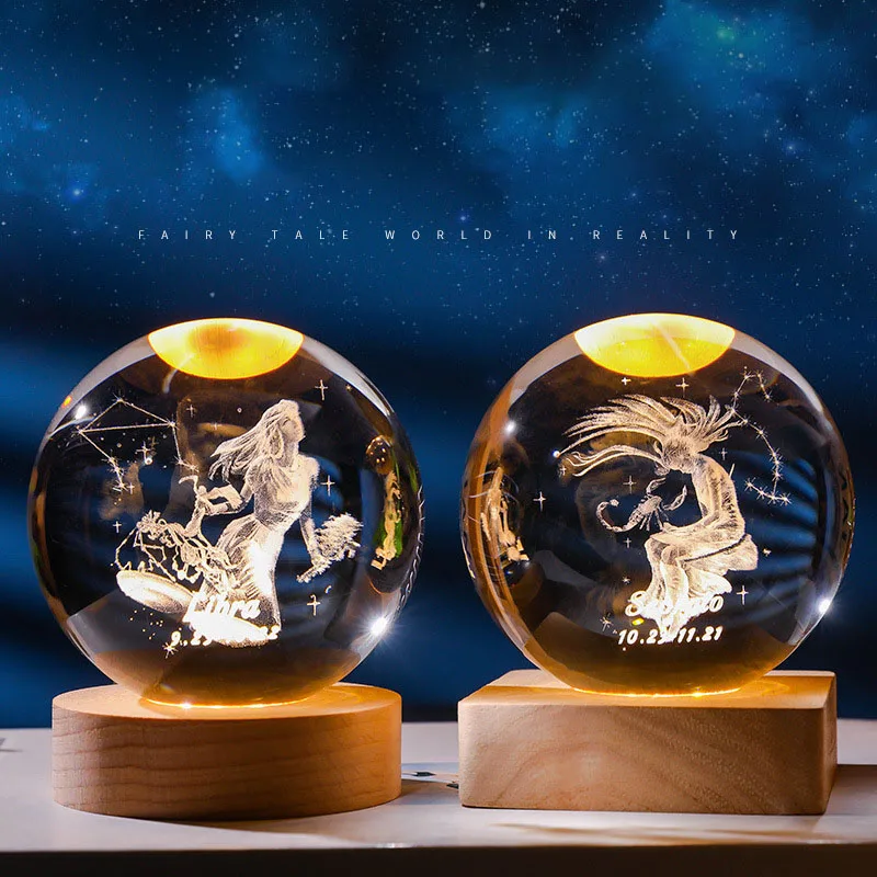 Segni dello zodiaco sfere di cristallo luminoso globo di neve Base in legno massello piccoli ornamenti creativi decorazione della casa regalo