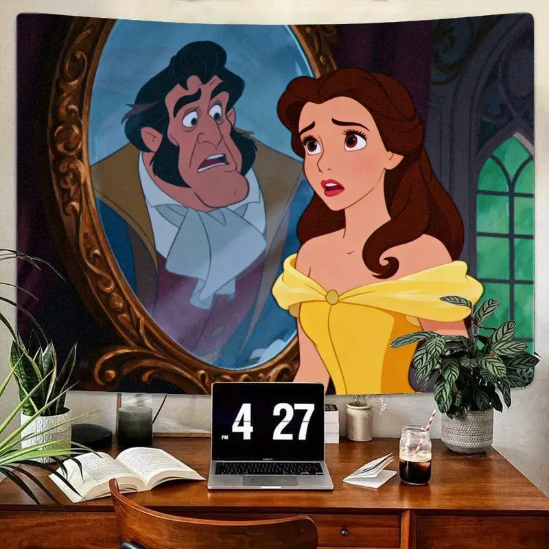 

1PC Disney Beauty & The Beast Belle Gaston Mirror Scene Tapestry, Modern Polyester Wall Art for Bedroom Living Room Dorm Decor G