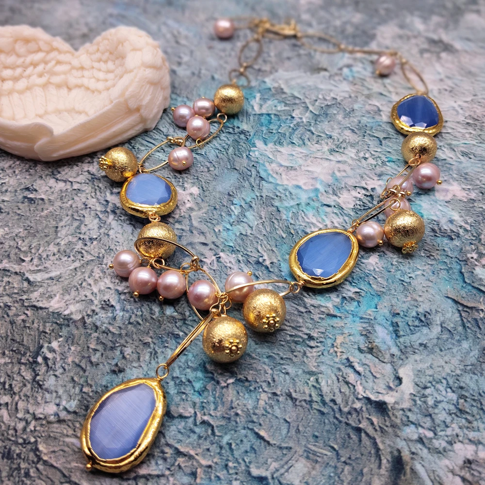 KKGEM 8-9mm purple pearl Blue Cat Eye chunk gold plated chain Statement Necklace