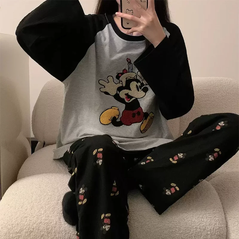 Cartoon Disney pajamas autumn pure cotton long-sleeved new casual two-piece set women\'s pajamas loose Mickey Mouse loungewear