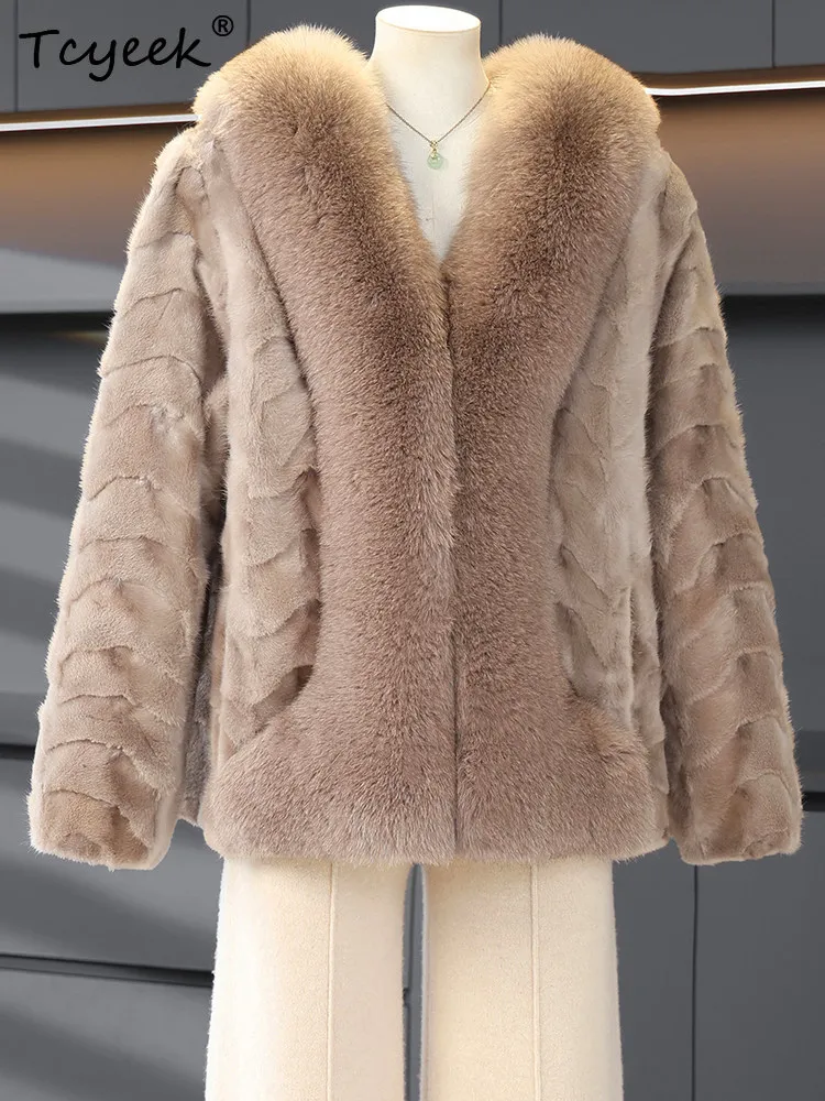 Tcyeek Echte Nertsen Bontjas Vrouwen Warme Winterkleding Vos Bontkraag Damesjassen Mode Nieuw in Outerwears 2025, Fourrure Femme