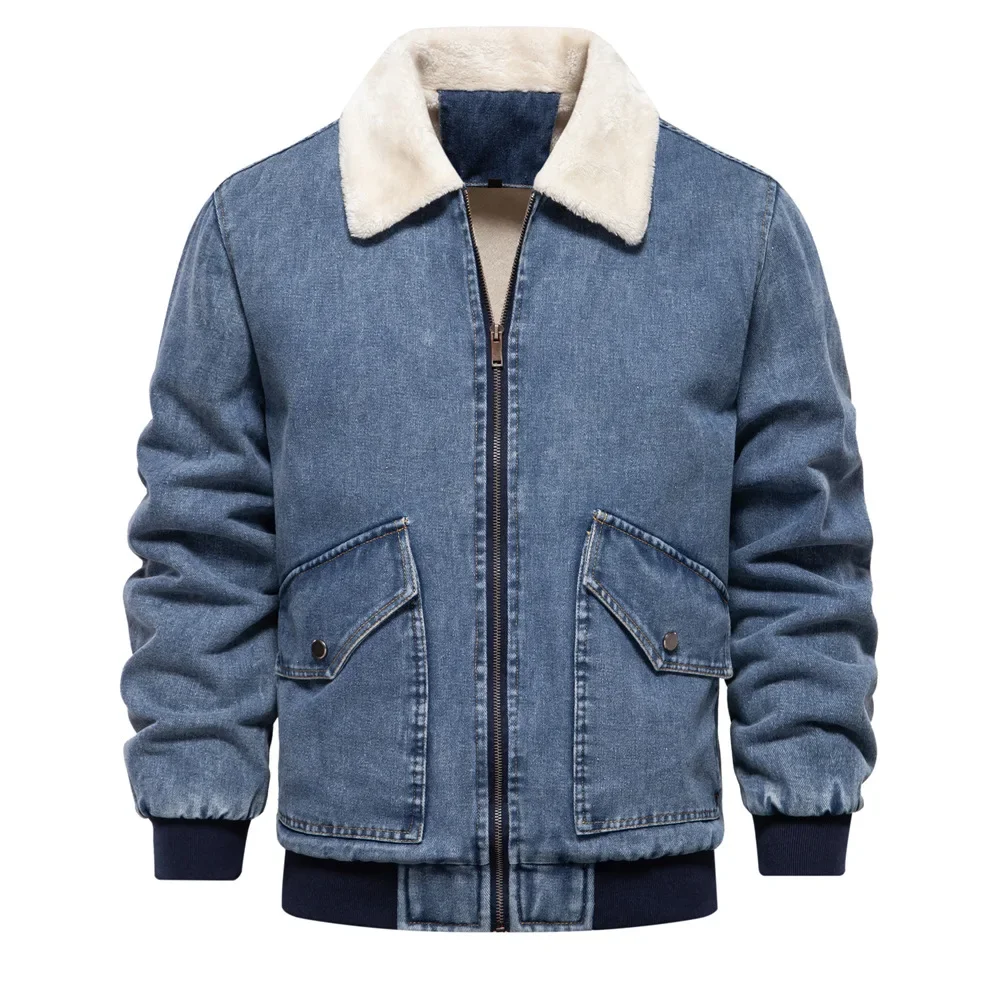 European and American Trendy Youth's New Pure - Color Washed Lapel Fleece - Lined Denim Jacket for Autumn and Winter S-XXL