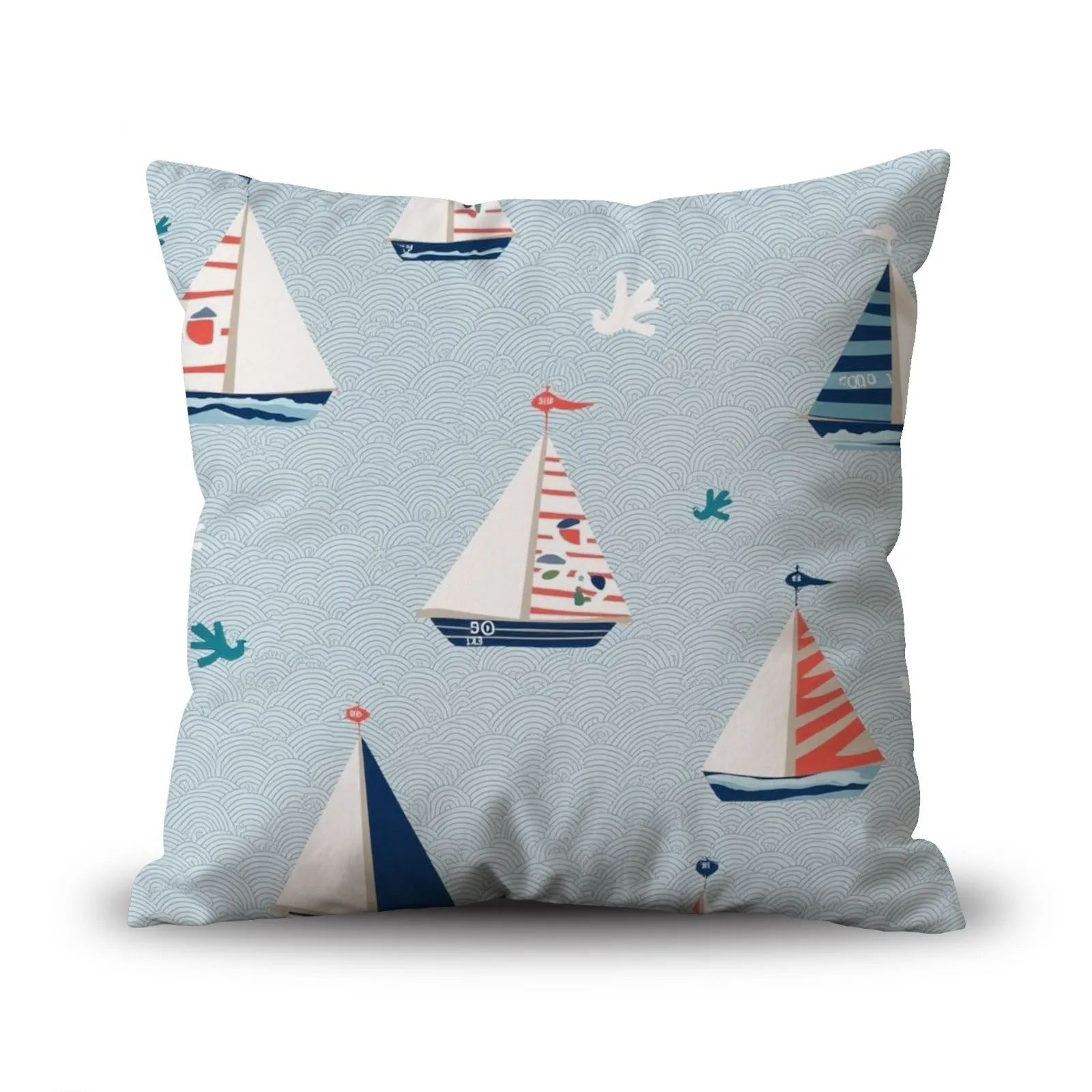 2D Printed Double - Sided Pillowcase, Multiple Specifications Available, Nautical Theme with Sailboats & Birds, Light Blue Wave Pattern, Playful Decorative Style, for Home Bedroom Living Room