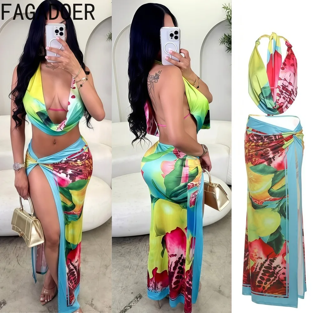 

FAGADOER сексуальный женский комплект из 2 предметов с узором и принтом, укороченный топ и юбки с лямкой на шее и глубоким v-образным вырезом, одинаковые костюмы, женская уличная одежда