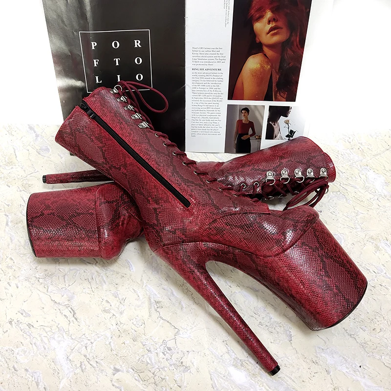 Red Snake Skin Ankle Boots with 8-Inch Platform 20CM Wedge High Heels Sexy Exotic Fetish Shoes for Pole Dance Gothic Queen Motor