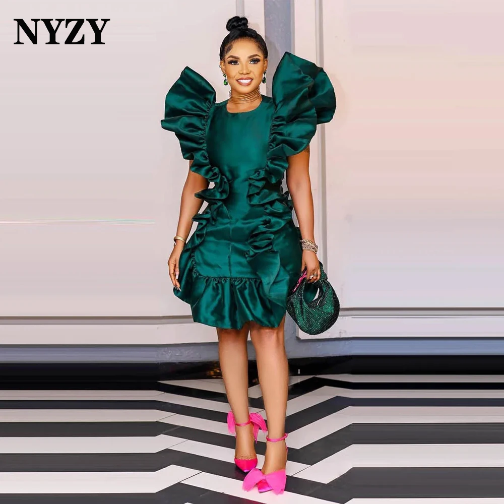 NYZY C386 Customized Dark Green Satin Ruffles Mini Party Cocktail Dresses for Date Birthday Homecoming 2025